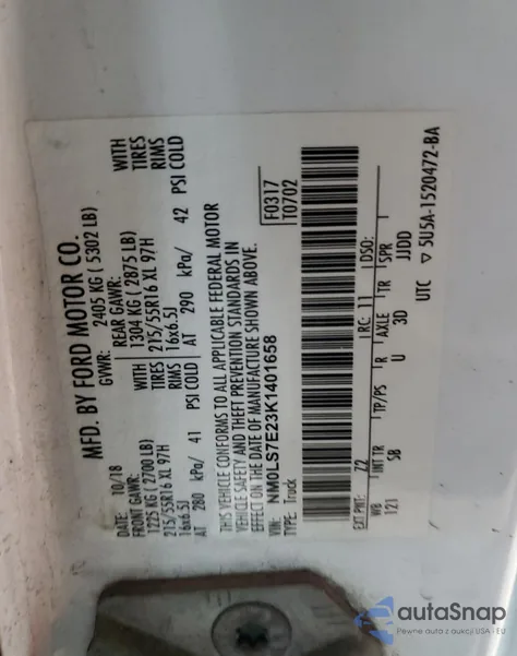 2019 Ford Transit Connect Xl from USA, damaged, VIN NM0LS7E23K1401658